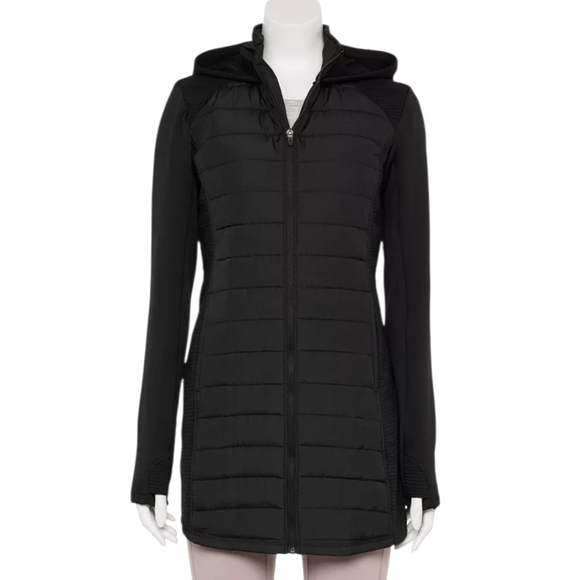 tek gear Jackets & Blazers - Tek Gear Long Jacket women's medium black Mixed-Media fitted hooded furry lining